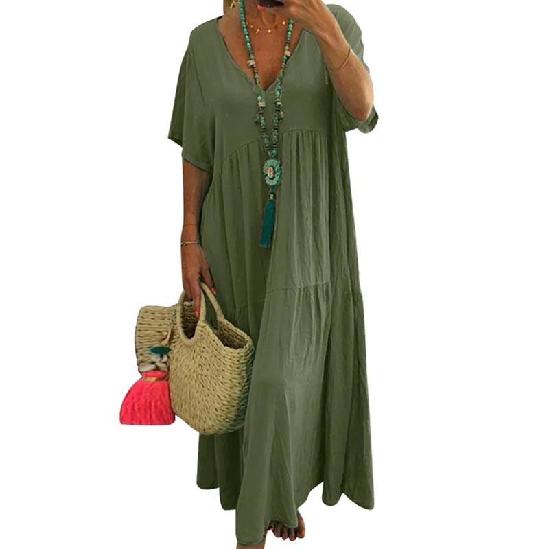 🍃 Langes Baumwoll-Leinenkleid mit V-Ausschnitt | Lockere Passform, figurschmeichelnd