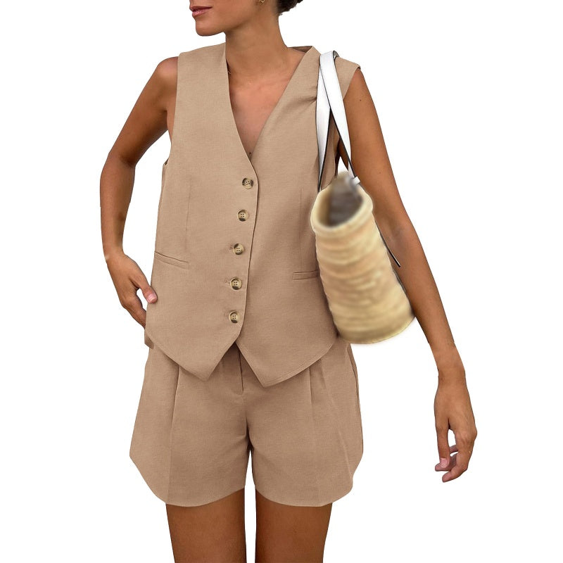 👕🩳 Lässiges, ärmelloses Damen-Zweiteiler-Set aus Oberteil und Shorts mit V-Ausschnitt – 50% RABATT! Sommerlich, bequem & perfekt für Strand, Stadt oder Freizeit 🏖️