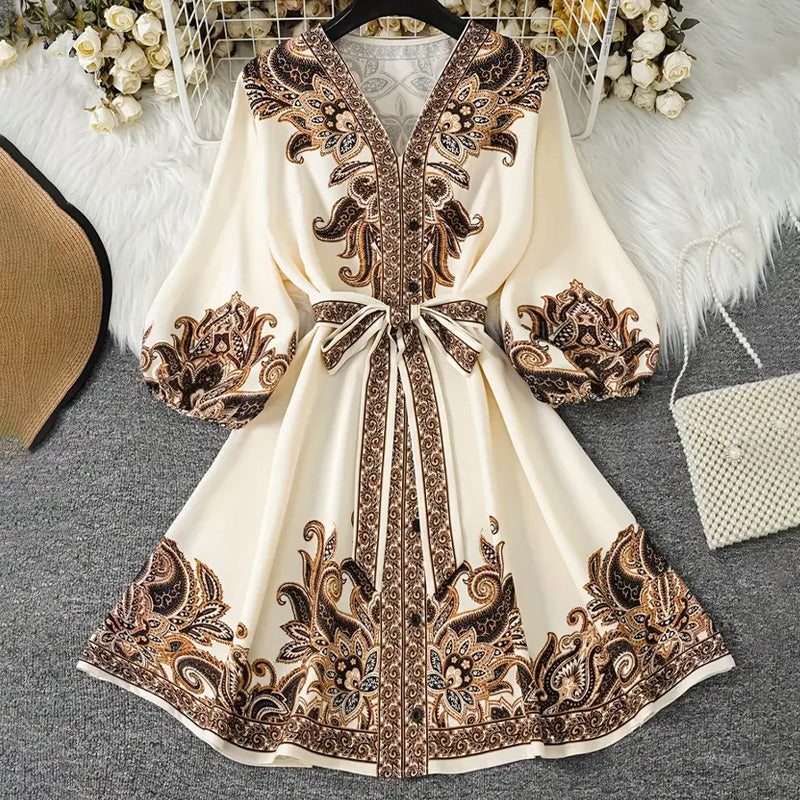⏳Zeitlich begrenztes Angebot 50% Rabatt⏰Bedrucktes Kleid mit V-Ausschnitt und Bindeband für Damen👗