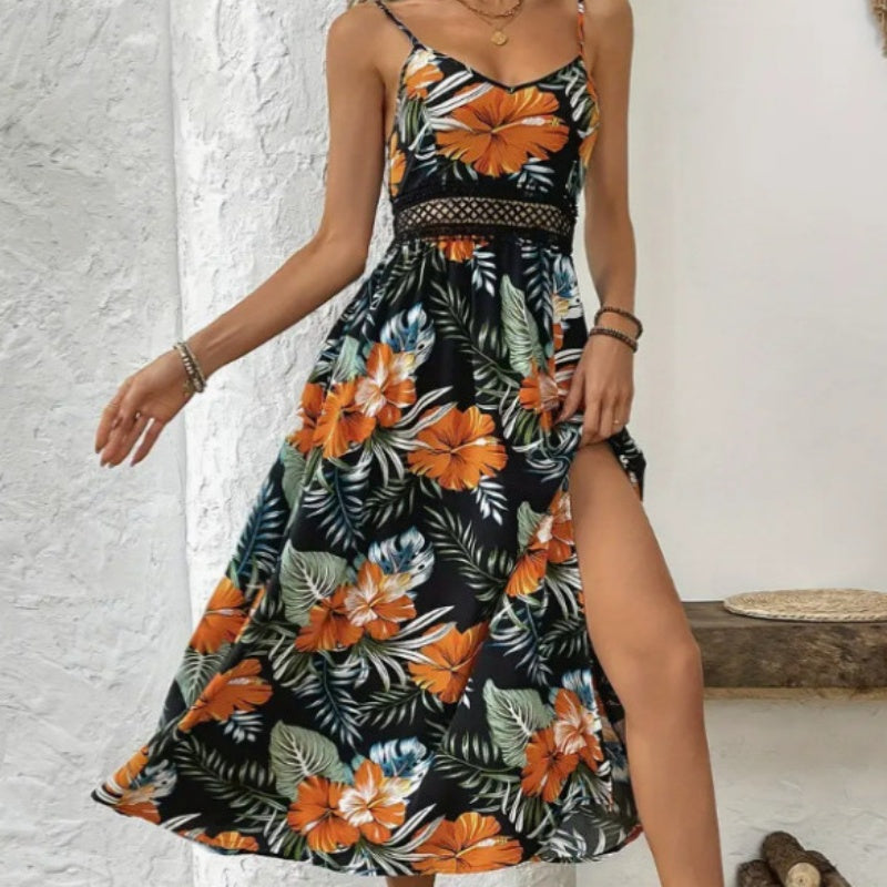 👗🌸 50% RABATT! Fließendes Kleid mit Blumenmuster und hohem Schlitz für Damen mit Spaghettiträgern – Romantisch, lässig & perfekt für den Sommer ✨
