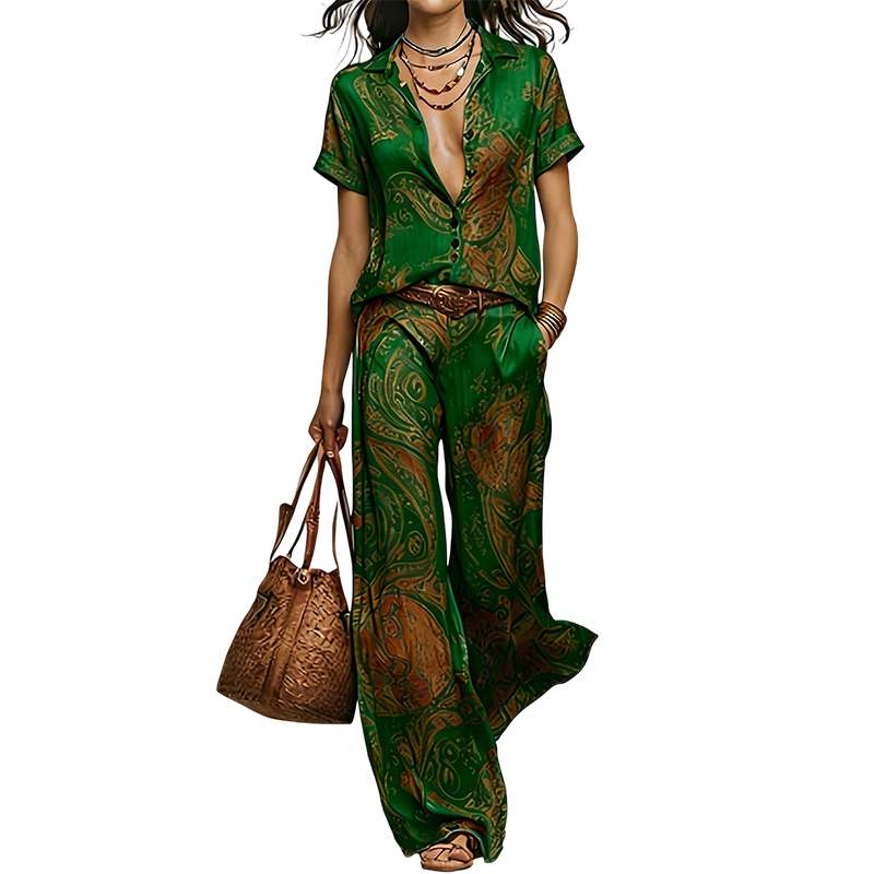 👚🌴 50% RABATT! 2-teiliges Freizeit-Set für Damen – Bedrucktes Hemd mit Kragen & gerade geschnittene Hose mit Taschen, luftig & vielseitig kombinierbar ✨