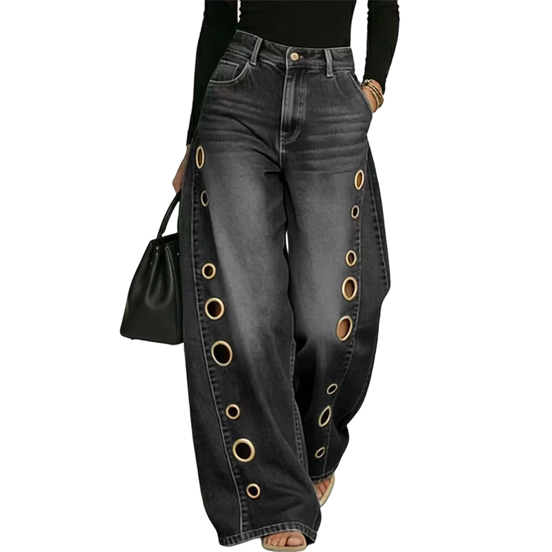 💃 Women's Wide-Leg Grommet Jeans – High-rise fit, elongating wide leg & silver-tone grommet accents. A vintage-inspired staple with a modern attitude 🌿