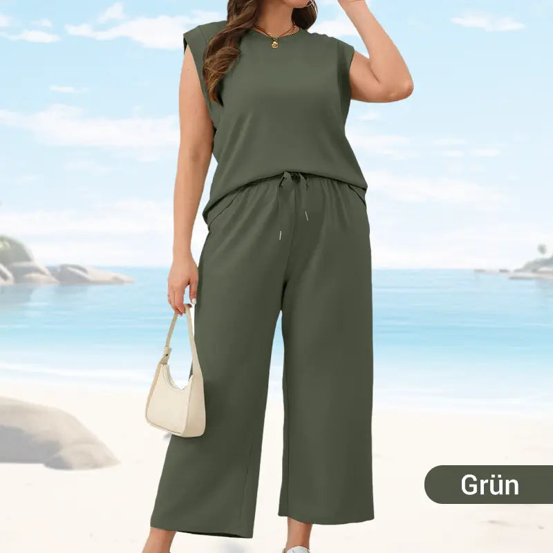 🔥 50 % RABATT! 🌺✨ 2025 Neue Damen Zweiteiler – Cap Sleeve Top & Weite Cropped Hose 💃👗