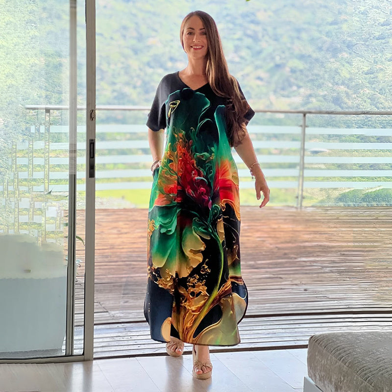 👗🌺 50% RABATT! Damen-Maxikleid mit V-Ausschnitt und Print – Lässig, romantisch & perfekt für Sommer, Strand & Urlaub ✨