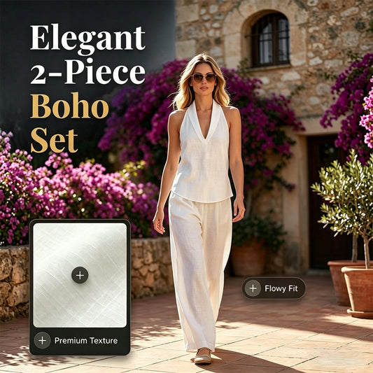 👗✨ 50% RABATT! Damen-Set: Ärmelloses Neckholder-Top mit V-Ausschnitt & weite Hose (2-teilig) – Elegant, luftig & perfekt für Sommer, Urlaub & besondere Anlässe 🌸
