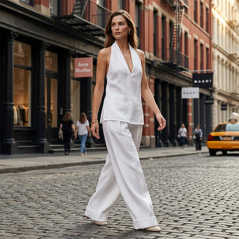 👗✨ 50% RABATT! Damen-Set: Ärmelloses Neckholder-Top mit V-Ausschnitt & weite Hose (2-teilig) – Elegant, luftig & perfekt für Sommer, Urlaub & besondere Anlässe 🌸