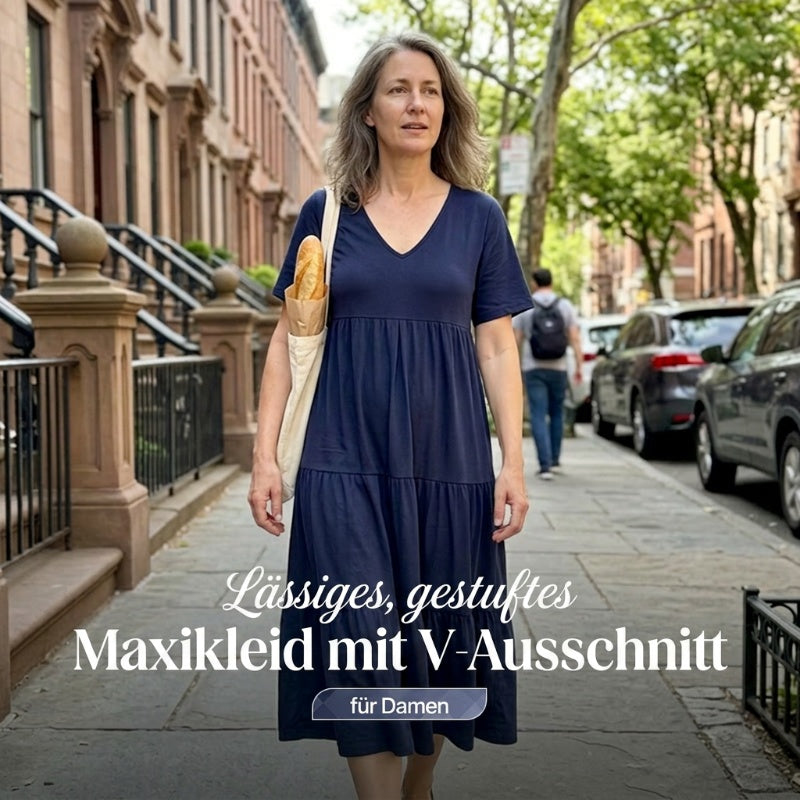 🍃 Langes Baumwoll-Leinenkleid mit V-Ausschnitt | Lockere Passform, figurschmeichelnd