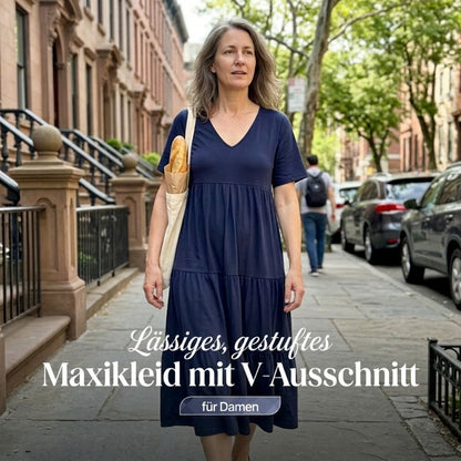 🍃 Langes Baumwoll-Leinenkleid mit V-Ausschnitt | Lockere Passform, figurschmeichelnd