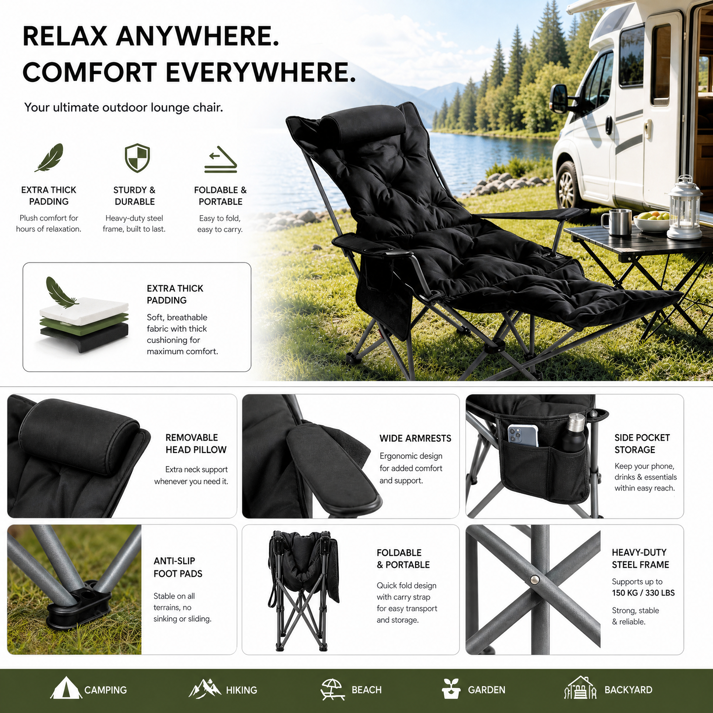 🪑  Tragbarer verstellbarer Klappstuhl für Außenbereich – Leicht, stabil & vielseitig – Ideal für Garten, Camping, Strand oder Terrasse – einfacher Transport und Aufbau 🏕️✨