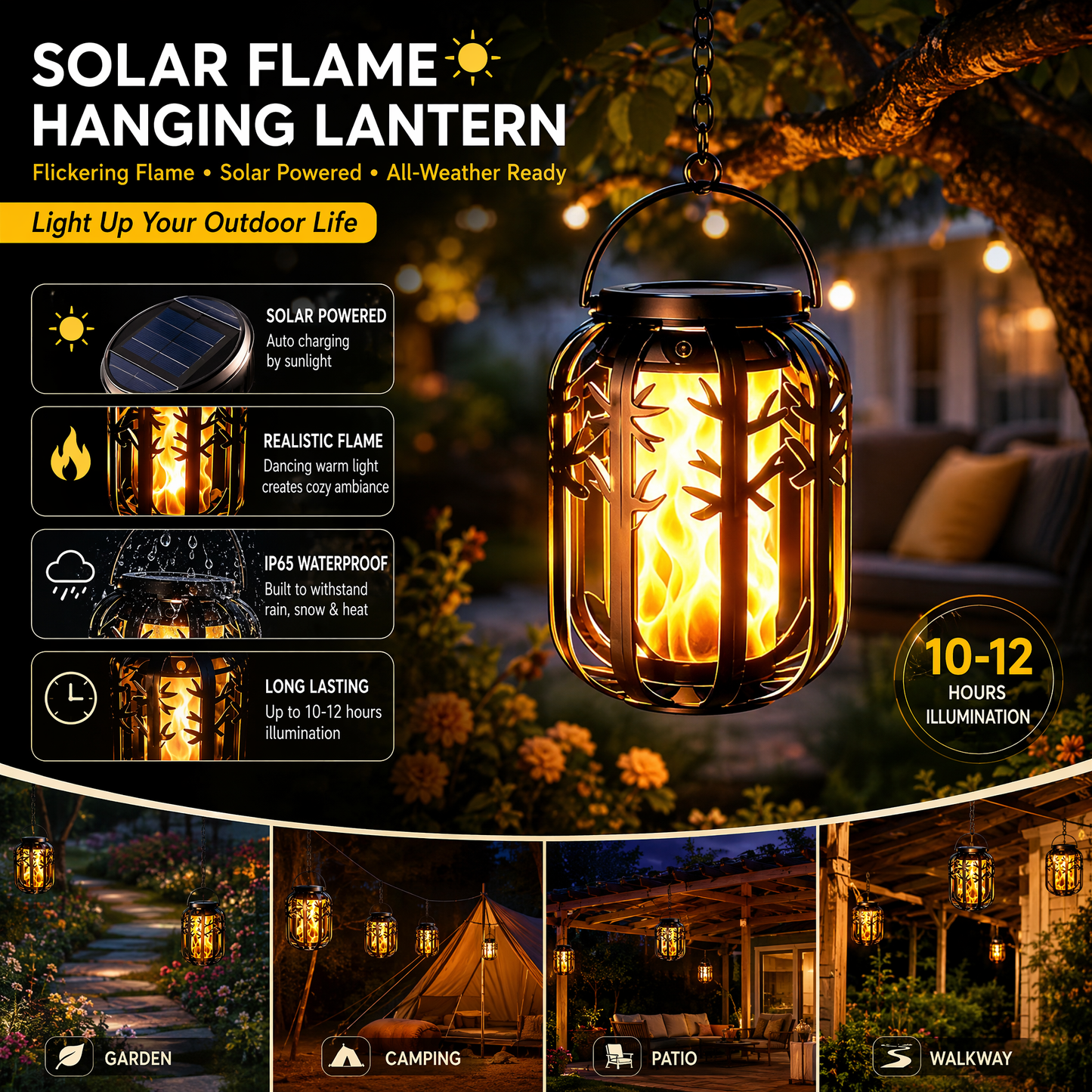 ☀️ Solar-Flackerflammen-Laterne – Wasserdicht & automatisch – Realistisches warmes Licht, perfekt für Terrassen, Gärten oder Wege – kein Kabel nötig 🌙