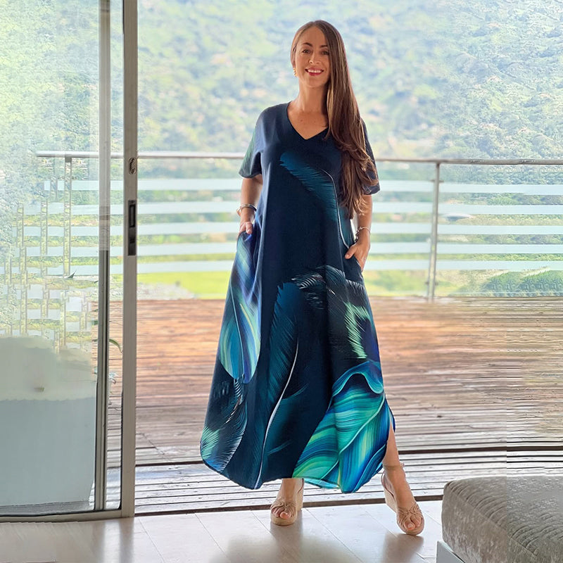 👗🌺 50% RABATT! Damen-Maxikleid mit V-Ausschnitt und Print – Lässig, romantisch & perfekt für Sommer, Strand & Urlaub ✨