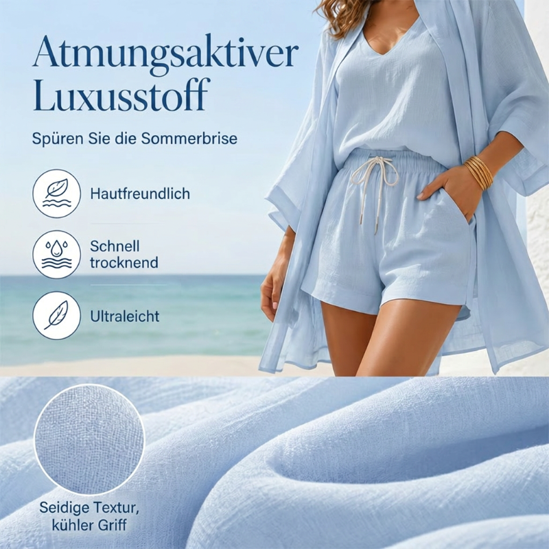 🤍 3-teiliges Freizeit-Set für Damen ✨ Loungewear mit Tunika, Top & Shorts – luftiges Homewear für Urlaub & Alltag