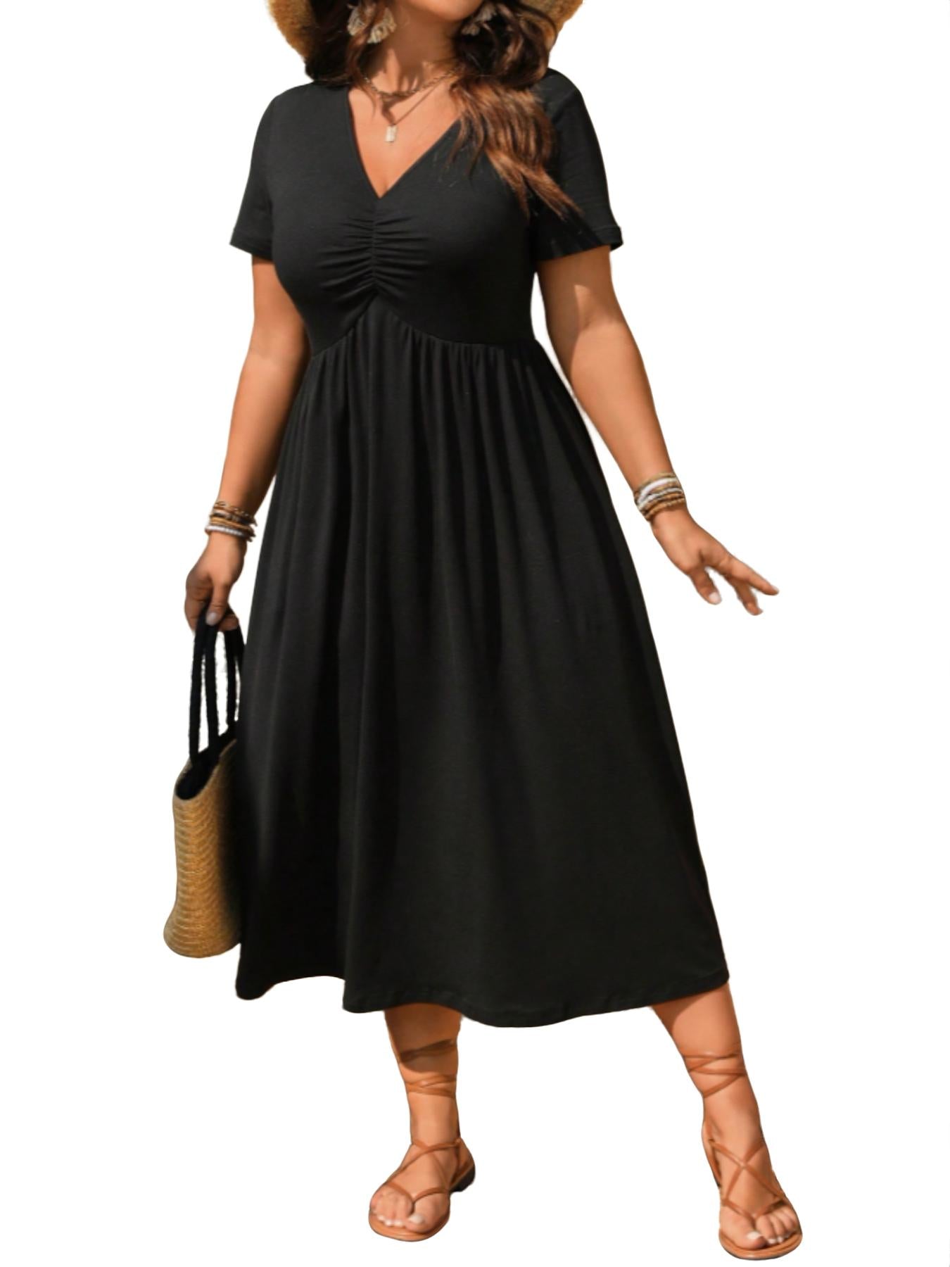 👗 50% RABATT! ⏰ Midi-Kleid in Übergröße mit V-Ausschnitt & Rüschen – Kurze Ärmel, weicher Stoff – Perfekt für warme Tage, elegante Anlässe oder den Alltag – bequem & stilvoll ✨🌸