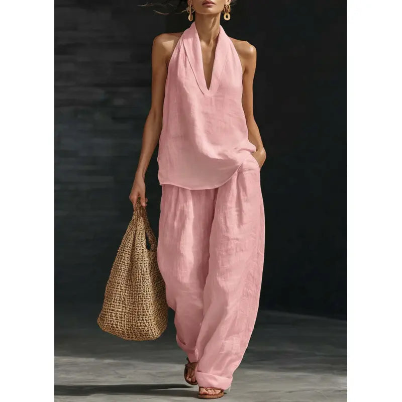 👗✨ 50% RABATT! Damen-Set: Ärmelloses Neckholder-Top mit V-Ausschnitt & weite Hose (2-teilig) – Elegant, luftig & perfekt für Sommer, Urlaub & besondere Anlässe 🌸