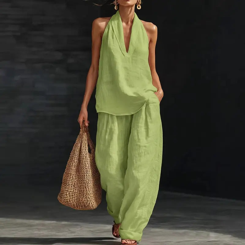 👗✨ 50% RABATT! Damen-Set: Ärmelloses Neckholder-Top mit V-Ausschnitt & weite Hose (2-teilig) – Elegant, luftig & perfekt für Sommer, Urlaub & besondere Anlässe 🌸