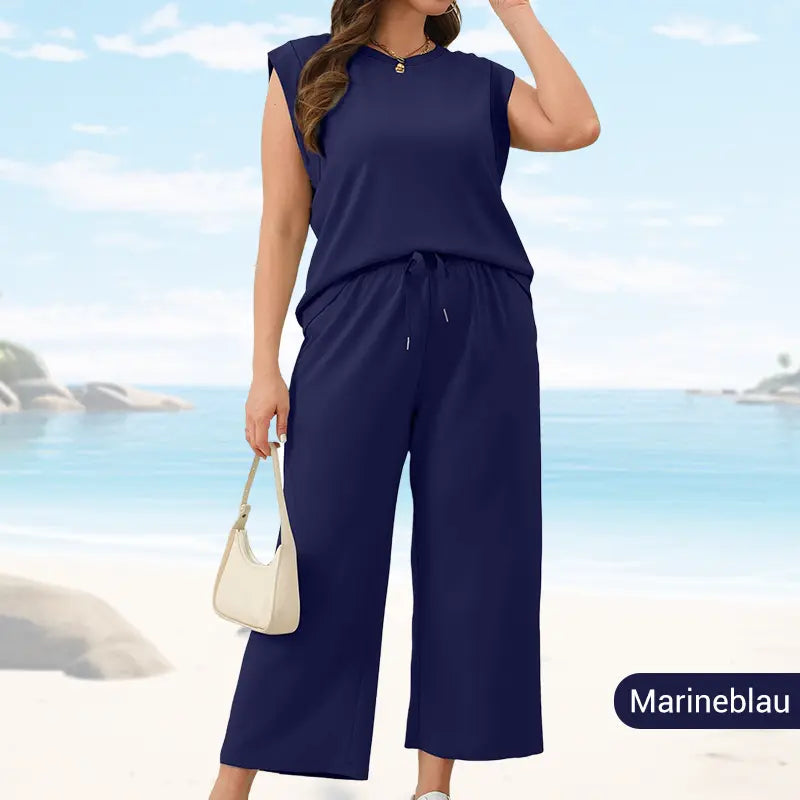 🔥 50 % RABATT! 🌺✨ 2025 Neue Damen Zweiteiler – Cap Sleeve Top & Weite Cropped Hose 💃👗