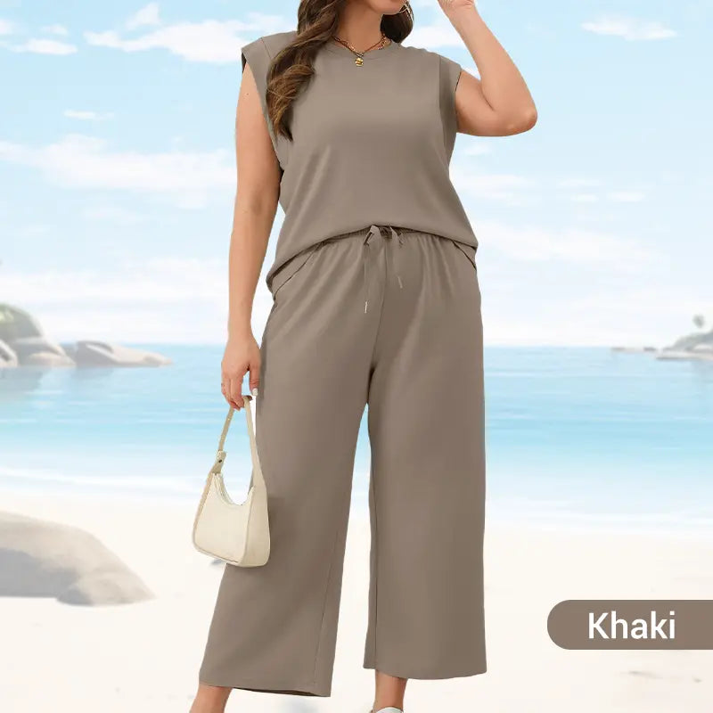🔥 50 % RABATT! 🌺✨ 2025 Neue Damen Zweiteiler – Cap Sleeve Top & Weite Cropped Hose 💃👗