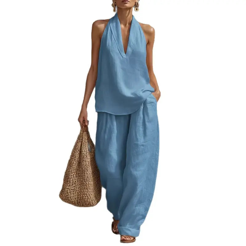 👗✨ 50% RABATT! Damen-Set: Ärmelloses Neckholder-Top mit V-Ausschnitt & weite Hose (2-teilig) – Elegant, luftig & perfekt für Sommer, Urlaub & besondere Anlässe 🌸