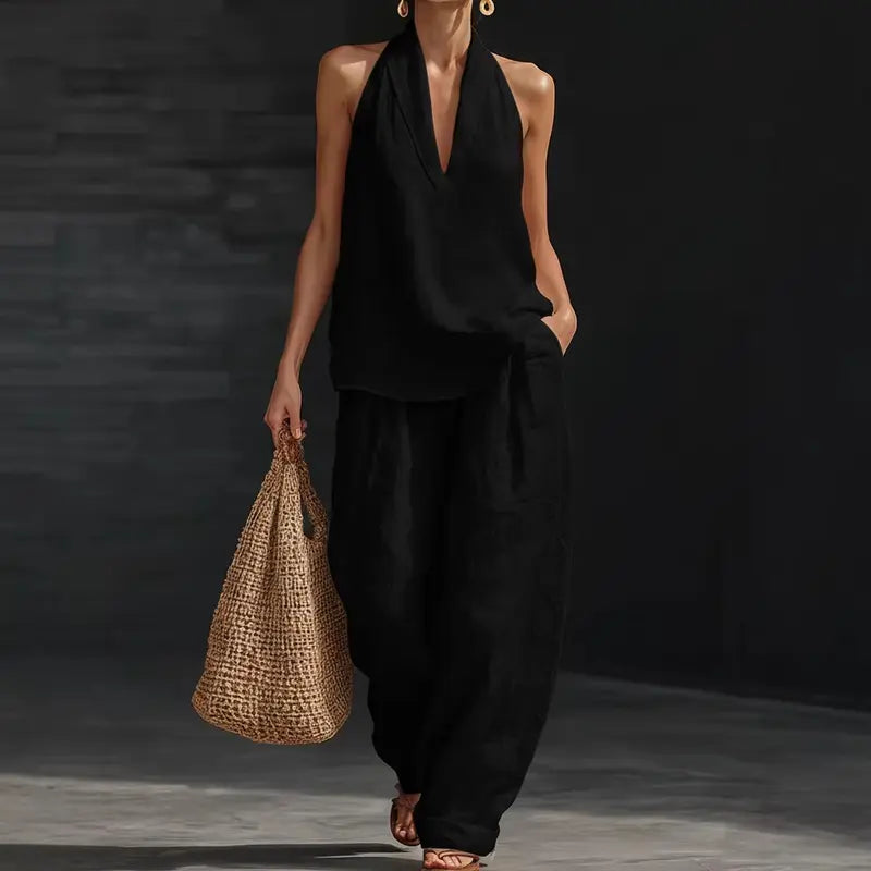 👗✨ 50% RABATT! Damen-Set: Ärmelloses Neckholder-Top mit V-Ausschnitt & weite Hose (2-teilig) – Elegant, luftig & perfekt für Sommer, Urlaub & besondere Anlässe 🌸