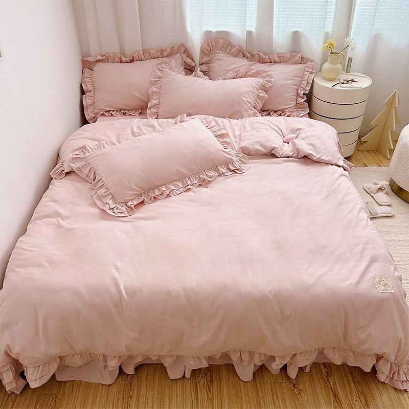 🛏️ 50% RABATT!✨ Einfarbiges 4-teiliges Bettwäsche-Set mit zarter Rüschenborte, weich und gemütlich für jeden Schlafraum🌸