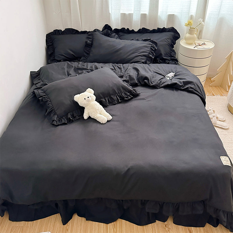 🛏️ 50% RABATT!✨ Einfarbiges 4-teiliges Bettwäsche-Set mit zarter Rüschenborte, weich und gemütlich für jeden Schlafraum🌸