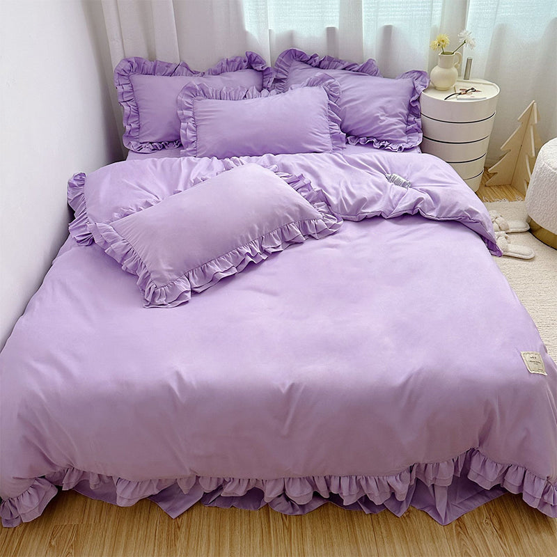 🛏️ 50% RABATT!✨ Einfarbiges 4-teiliges Bettwäsche-Set mit zarter Rüschenborte, weich und gemütlich für jeden Schlafraum🌸