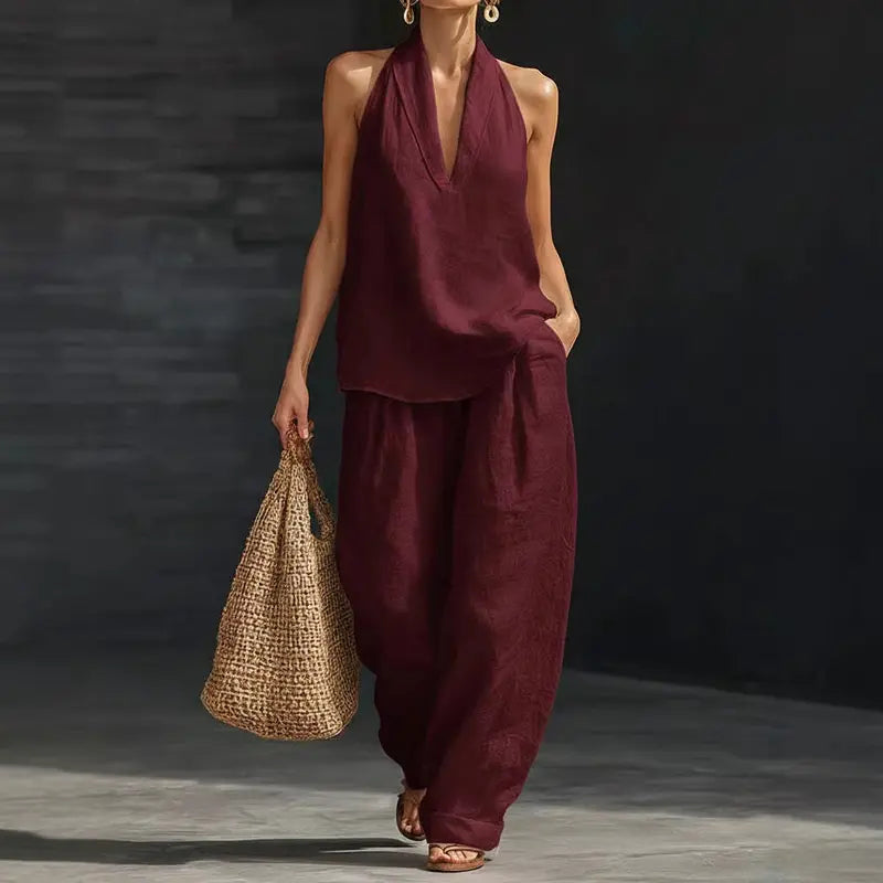 👗✨ 50% RABATT! Damen-Set: Ärmelloses Neckholder-Top mit V-Ausschnitt & weite Hose (2-teilig) – Elegant, luftig & perfekt für Sommer, Urlaub & besondere Anlässe 🌸