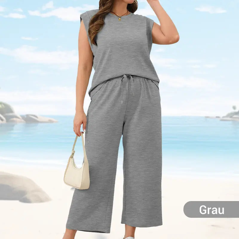🔥 50 % RABATT! 🌺✨ 2025 Neue Damen Zweiteiler – Cap Sleeve Top & Weite Cropped Hose 💃👗