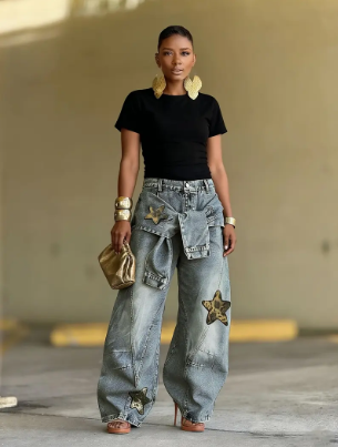 👖 50% RABATT! ⭐ Unisex Baggy-Jeans mit Stern-Patches – Lässiger Oversize-Schnitt, weicher Denim & angesagter 90s-Look ✨