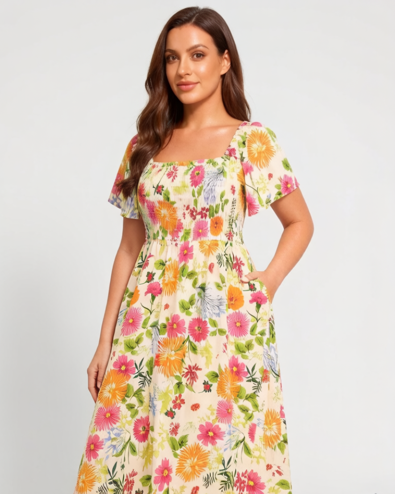 👗⏰ SOMMER HEISSER VERKAUF: 50% RABATT! Geblümtes Smock-Kleid mit eckigem Ausschnitt und Taschen – Bequem, verspielt & perfekt für warme Tage 🌸✨