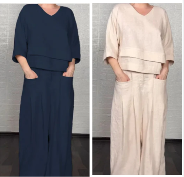 👕🍂 50% RABATT! 2-teiliges Set aus Baumwoll-Leinen mit unregelmäßigem Saum – V-Ausschnitt-Oberteil + Weitbein-Hose, atmungsaktiv & mühelos stilvoll