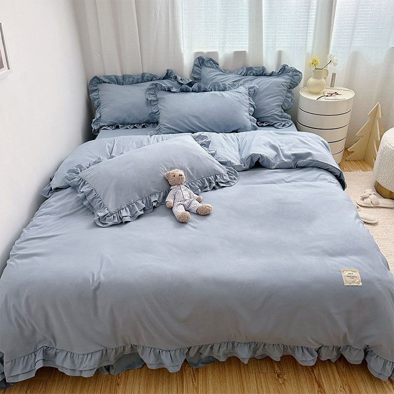 🛏️ 50% RABATT!✨ Einfarbiges 4-teiliges Bettwäsche-Set mit zarter Rüschenborte, weich und gemütlich für jeden Schlafraum🌸
