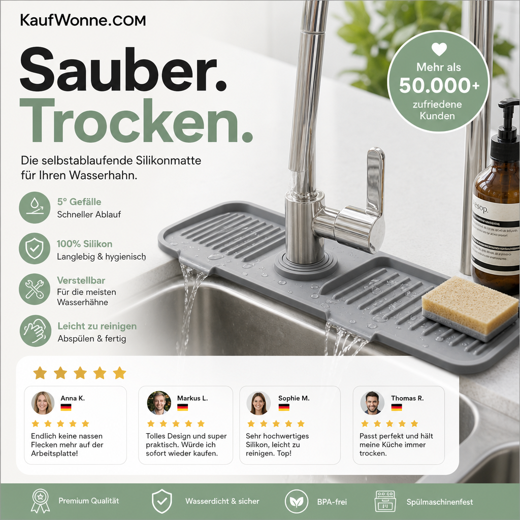 🚰💥 NUR FÜR KURZE ZEIT 50 % RABATT! Küchen- & Badezimmer-Wasserhahn-Spritzschutzmatte – Silikon-Tropffänger, verdickte wasserdichte Ablaufmatte – 2 Größen ✨