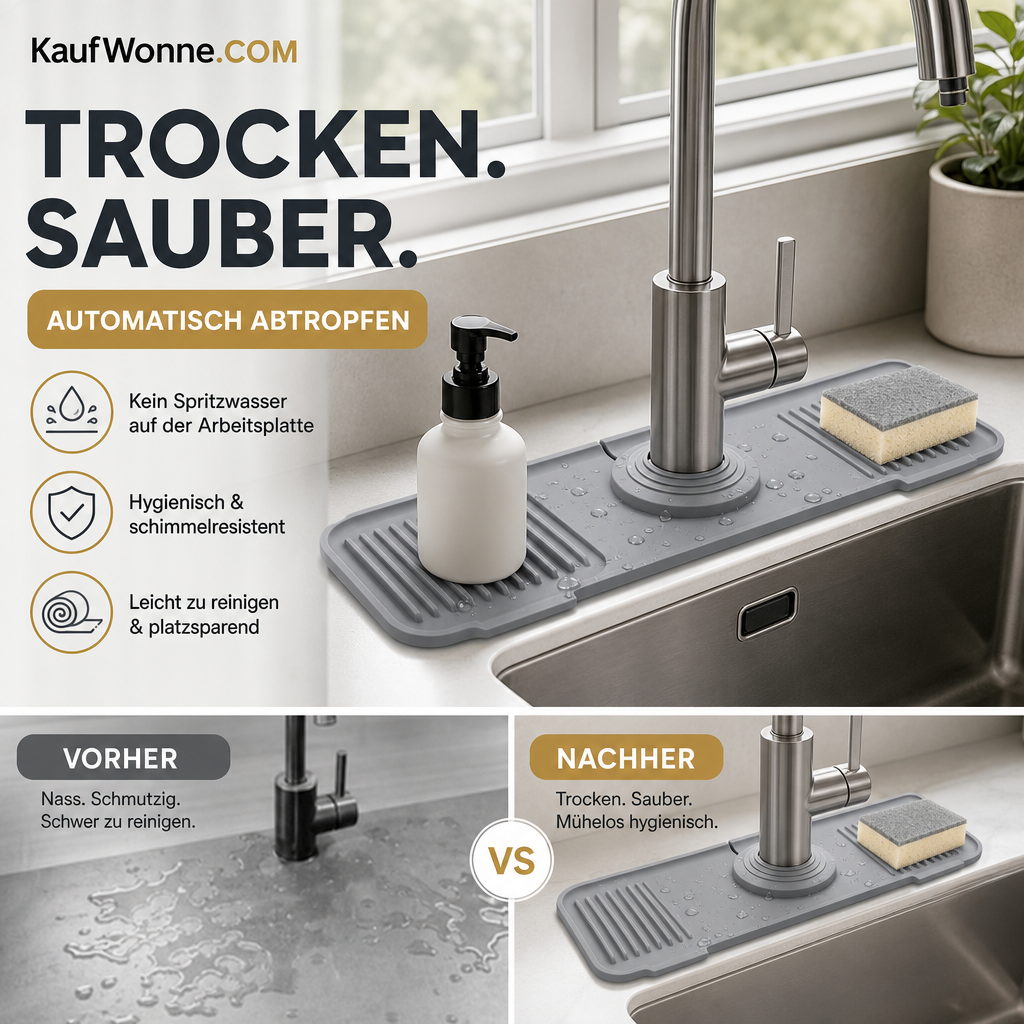 🚰💥 NUR FÜR KURZE ZEIT 50 % RABATT! Küchen- & Badezimmer-Wasserhahn-Spritzschutzmatte – Silikon-Tropffänger, verdickte wasserdichte Ablaufmatte – 2 Größen ✨