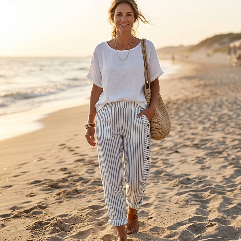 👖🎉 SOLANGE DER VORRAT REICHT: 50% RABATT! Bequeme blau gestreifte Hose mit Seitentaschen – Leicht, lässig & perfekt für Alltag & Freizeit ✨