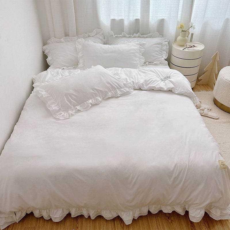🛏️ 50% RABATT!✨ Einfarbiges 4-teiliges Bettwäsche-Set mit zarter Rüschenborte, weich und gemütlich für jeden Schlafraum🌸