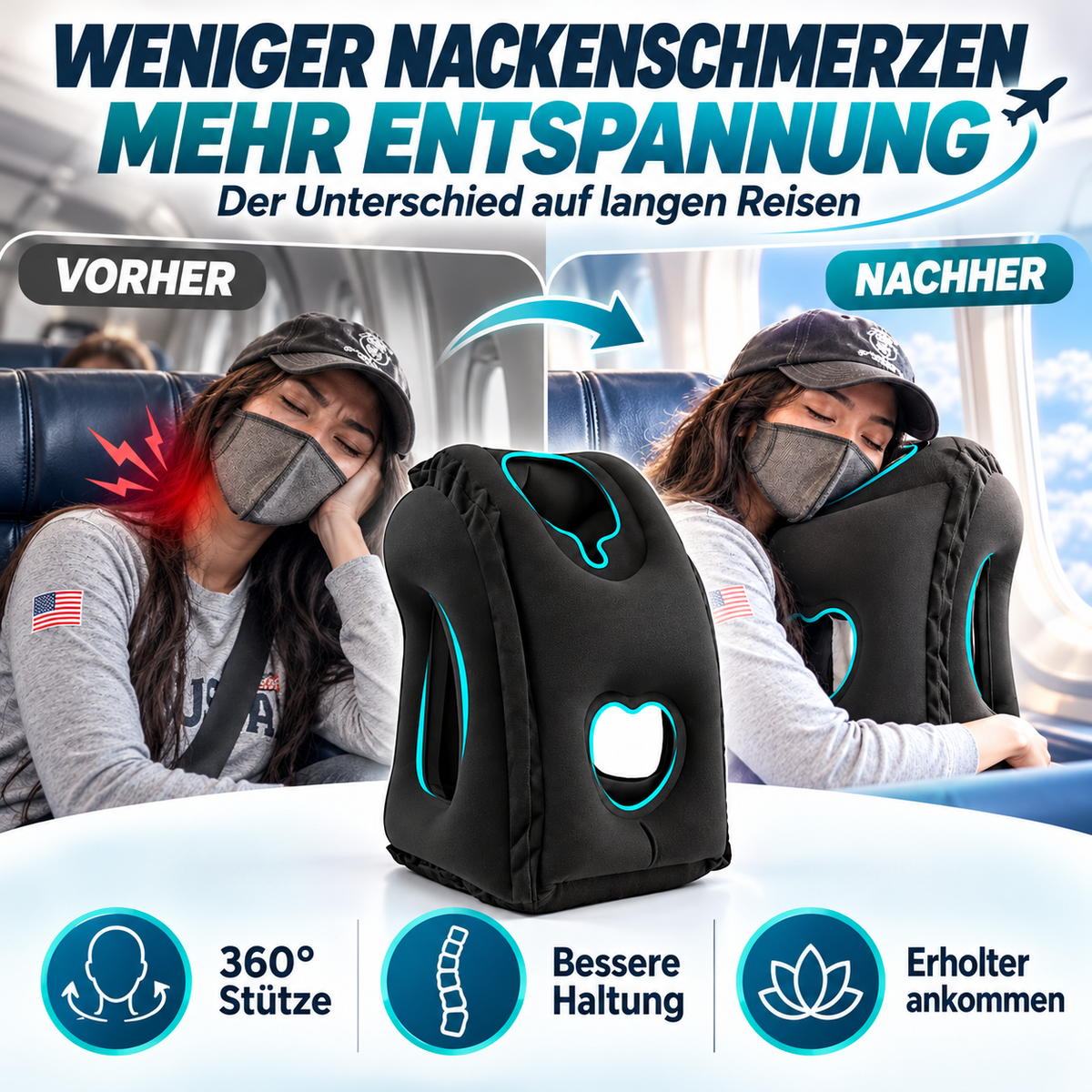 Tragbares, aufblasbares, ergonomisches Reisekissen: Genießen Sie jederzeit und überall einen angenehmen Schlaf 🧳-Gco