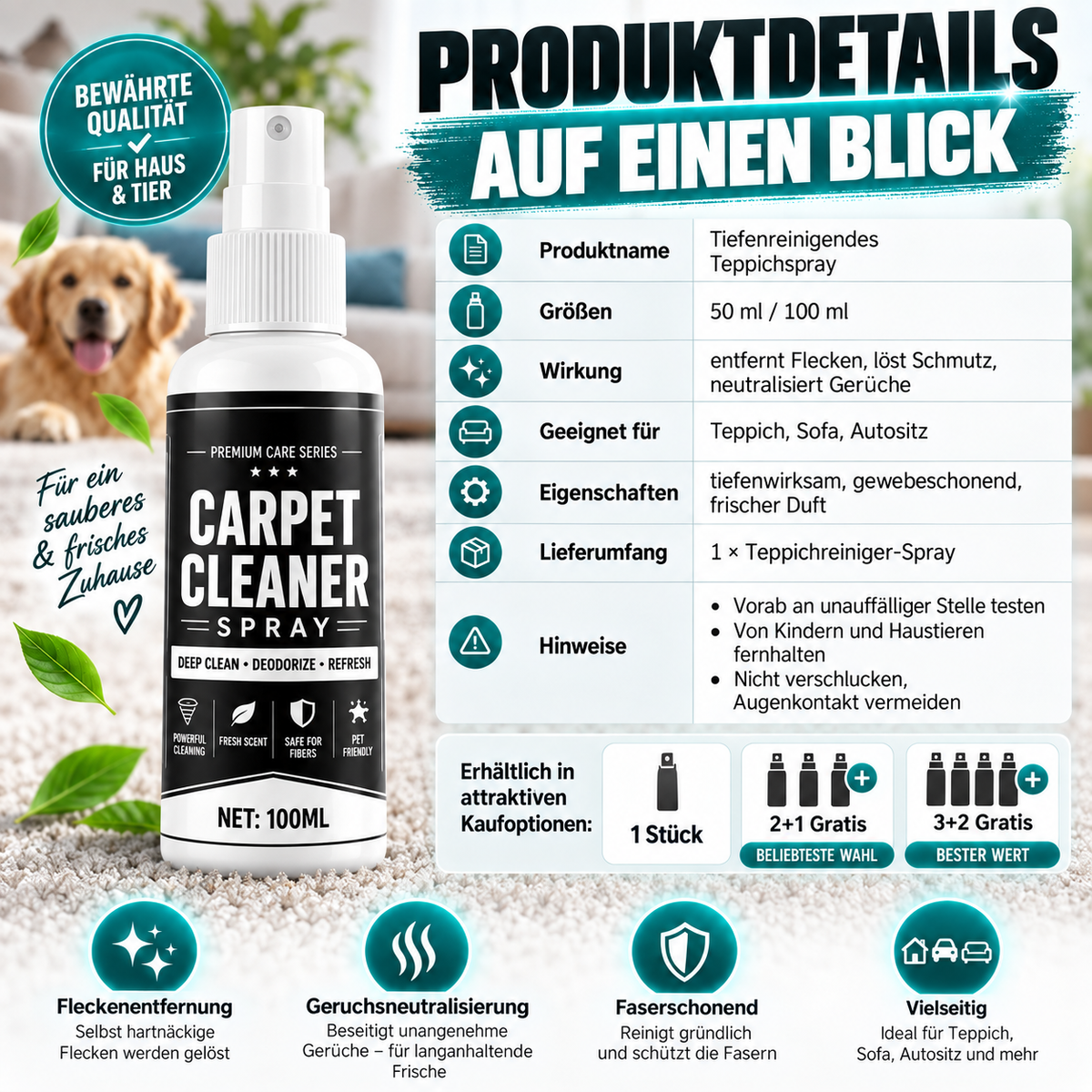 🔥🎁 2+1 GRATIS!!🥳 Tiefenreinigendes Teppichspray – entfernt hartnäckige Flecken und neutralisiert Gerüche sofort!