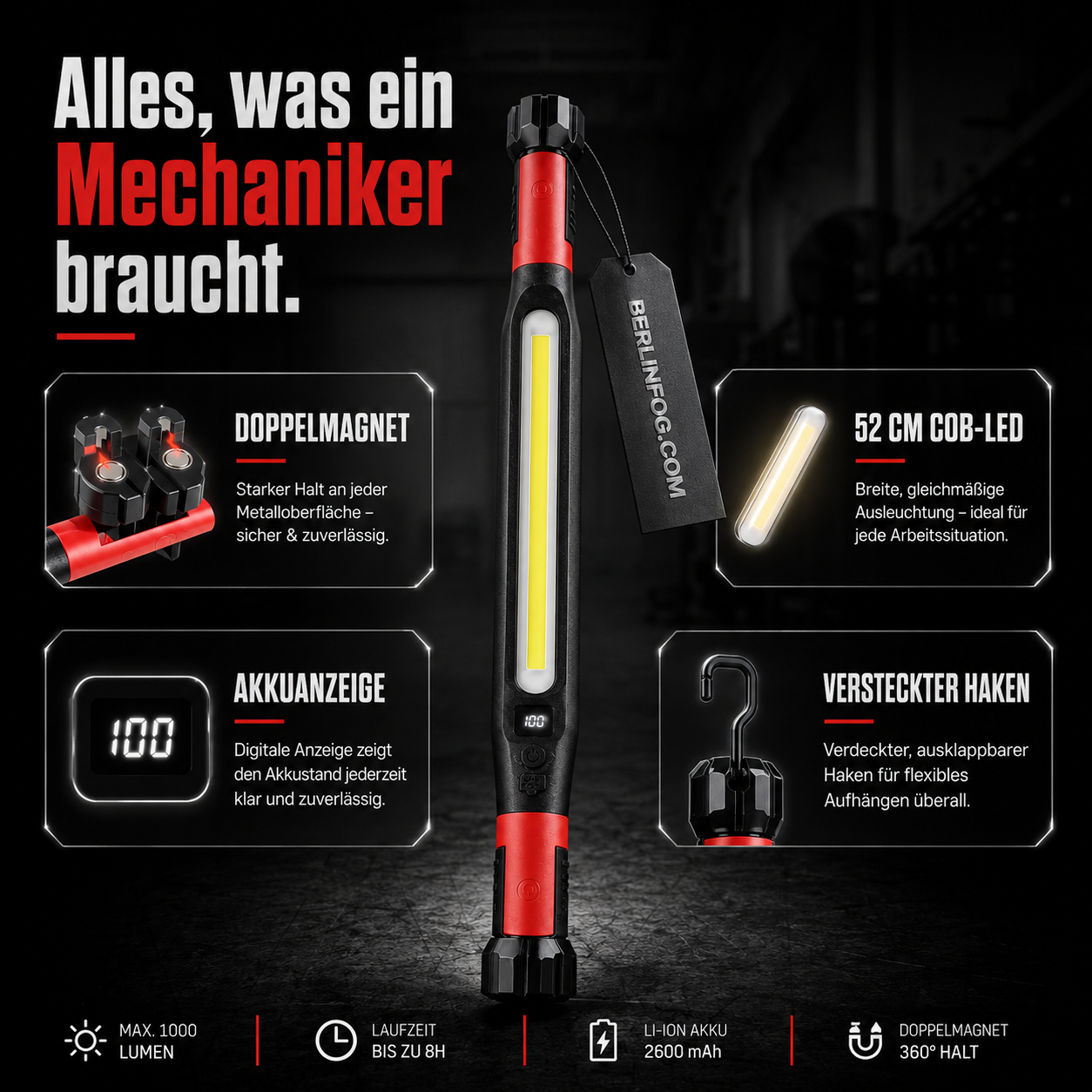 💡📢 50% RABATT! Wiederaufladbare Werkstattleuchte – 3000 LM, IPX4 wassergeschützt & 360° Haken 🔧✨