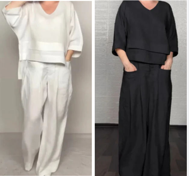 👕🍂 50% RABATT! 2-teiliges Set aus Baumwoll-Leinen mit unregelmäßigem Saum – V-Ausschnitt-Oberteil + Weitbein-Hose, atmungsaktiv & mühelos stilvoll