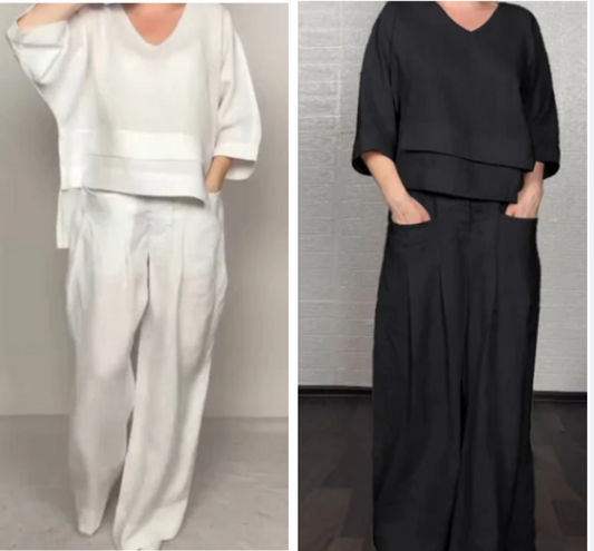 👕🍂 50% RABATT! 2-teiliges Set aus Baumwoll-Leinen mit unregelmäßigem Saum – V-Ausschnitt-Oberteil + Weitbein-Hose, atmungsaktiv & mühelos stilvoll