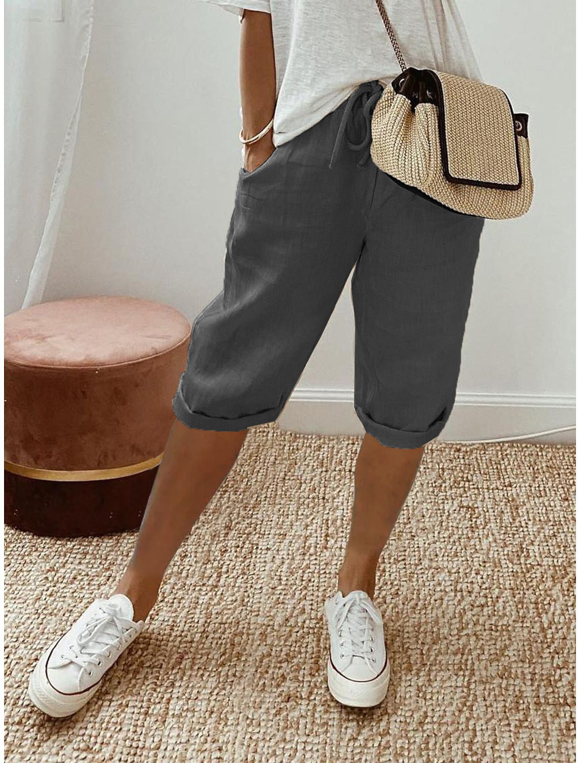 🔥 2026 NEU! Lässige Caprihosen aus Baumwoll-Leinen – Verstellbarer Bund & tiefe Taschen!