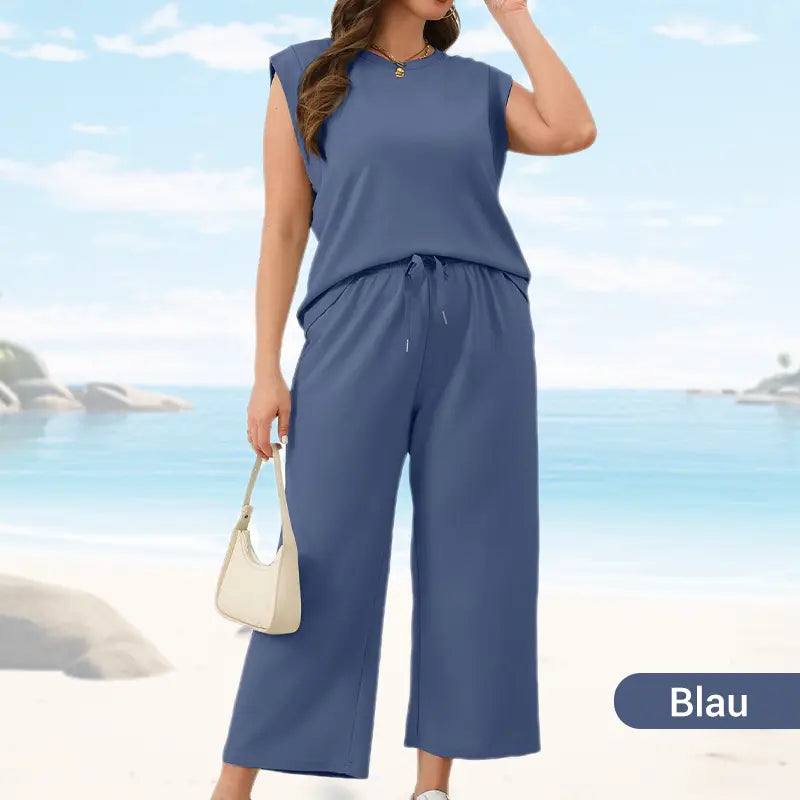 🔥 50 % RABATT! 🌺✨ 2025 Neue Damen Zweiteiler – Cap Sleeve Top & Weite Cropped Hose 💃👗