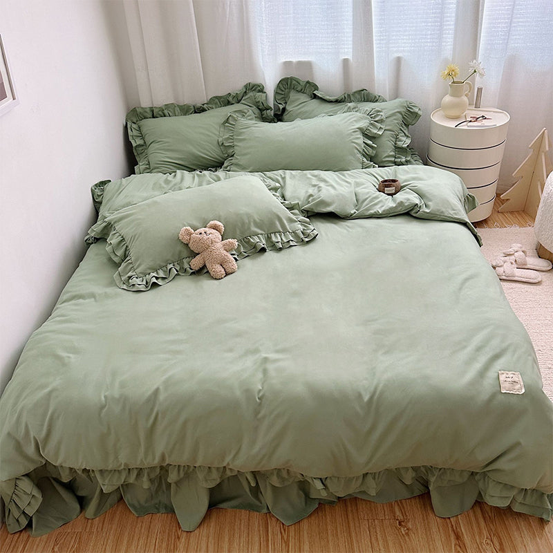 🛏️ 50% RABATT!✨ Einfarbiges 4-teiliges Bettwäsche-Set mit zarter Rüschenborte, weich und gemütlich für jeden Schlafraum🌸