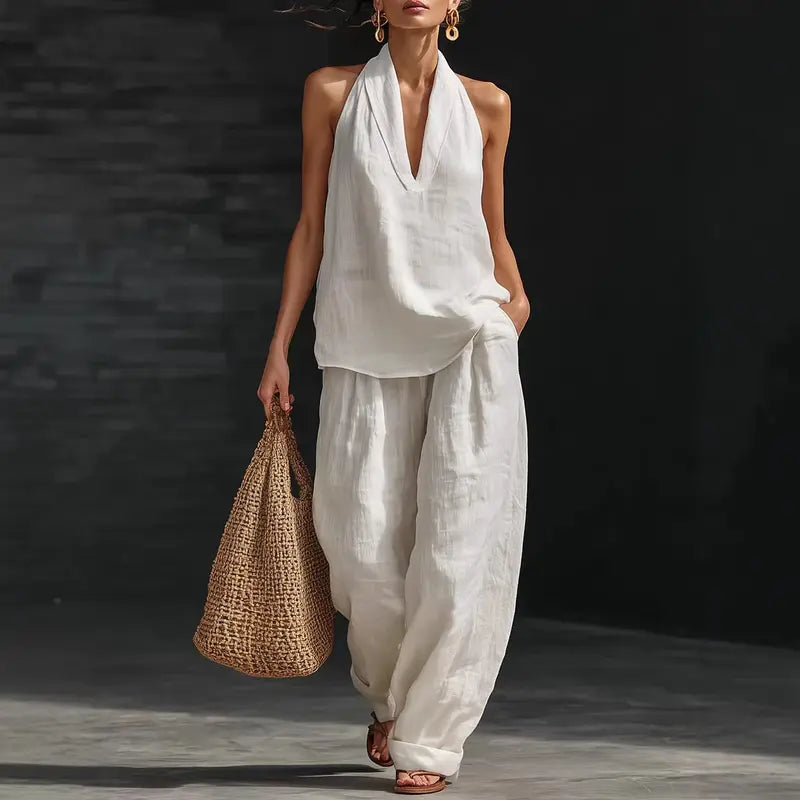 👗✨ 50% RABATT! Damen-Set: Ärmelloses Neckholder-Top mit V-Ausschnitt & weite Hose (2-teilig) – Elegant, luftig & perfekt für Sommer, Urlaub & besondere Anlässe 🌸