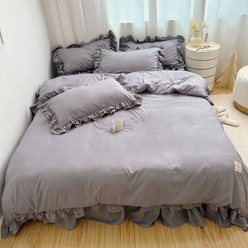🛏️ 50% RABATT!✨ Einfarbiges 4-teiliges Bettwäsche-Set mit zarter Rüschenborte, weich und gemütlich für jeden Schlafraum🌸