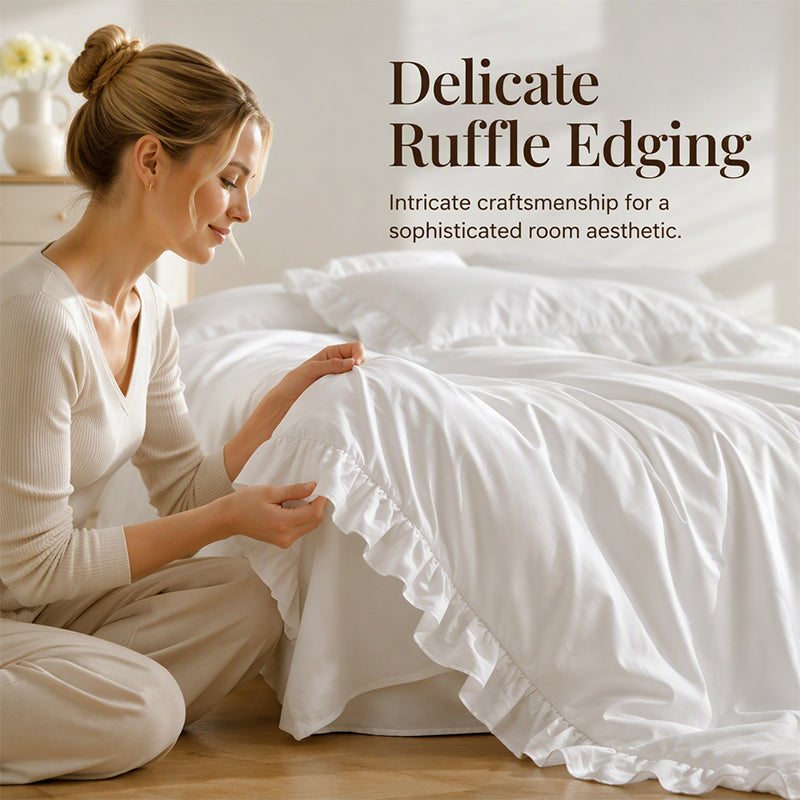 🛏️ 50% RABATT!✨ Einfarbiges 4-teiliges Bettwäsche-Set mit zarter Rüschenborte, weich und gemütlich für jeden Schlafraum🌸