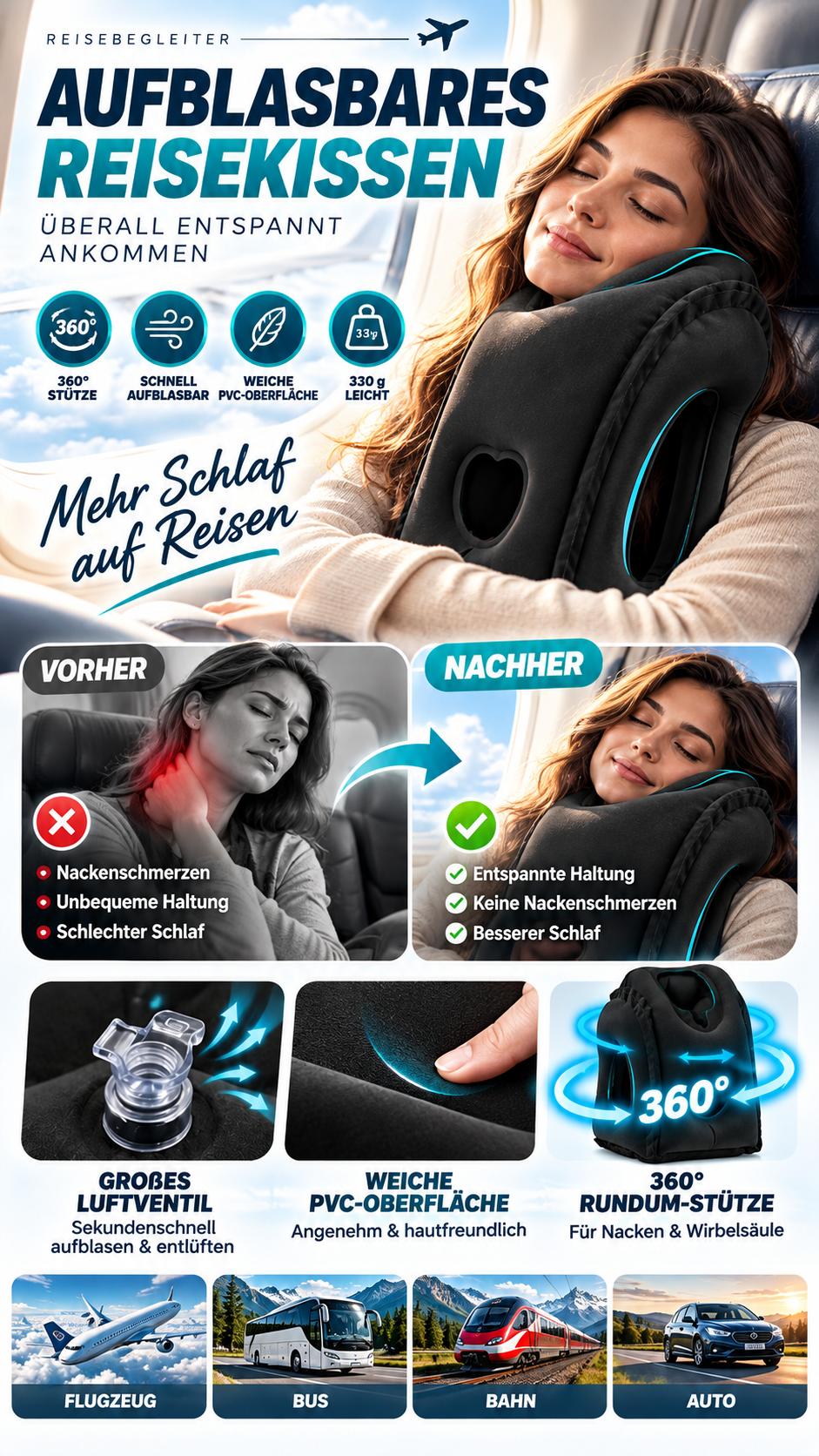 Tragbares, aufblasbares, ergonomisches Reisekissen: Genießen Sie jederzeit und überall einen angenehmen Schlaf 🧳-Gco