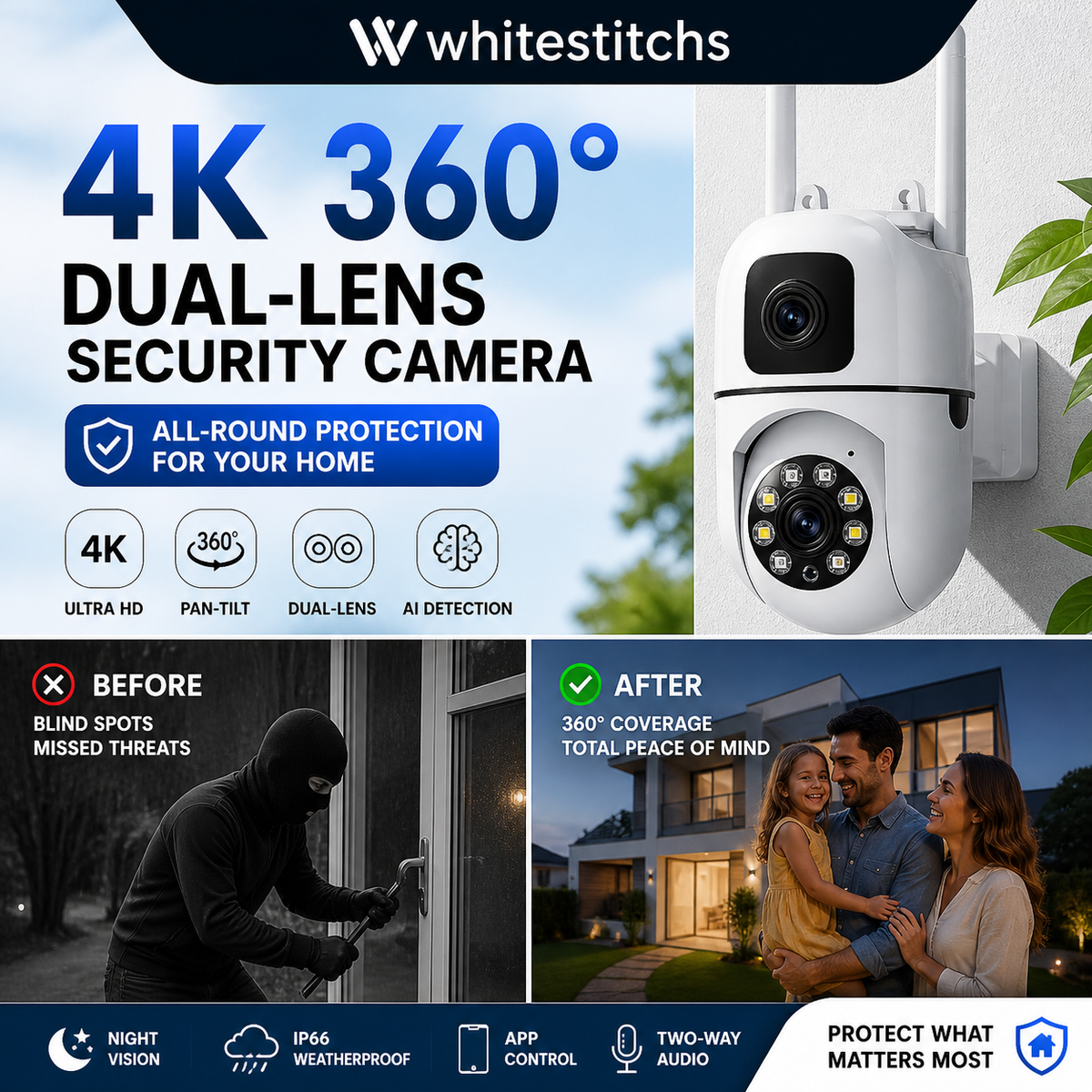 🔍🔍360°-Schwenk- und Neigekamera mit zwei Objektiven und 4K-Auflösung – WLAN-Überwachungskamera für den Außenbereich