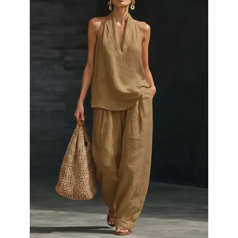 👗✨ 50% RABATT! Damen-Set: Ärmelloses Neckholder-Top mit V-Ausschnitt & weite Hose (2-teilig) – Elegant, luftig & perfekt für Sommer, Urlaub & besondere Anlässe 🌸